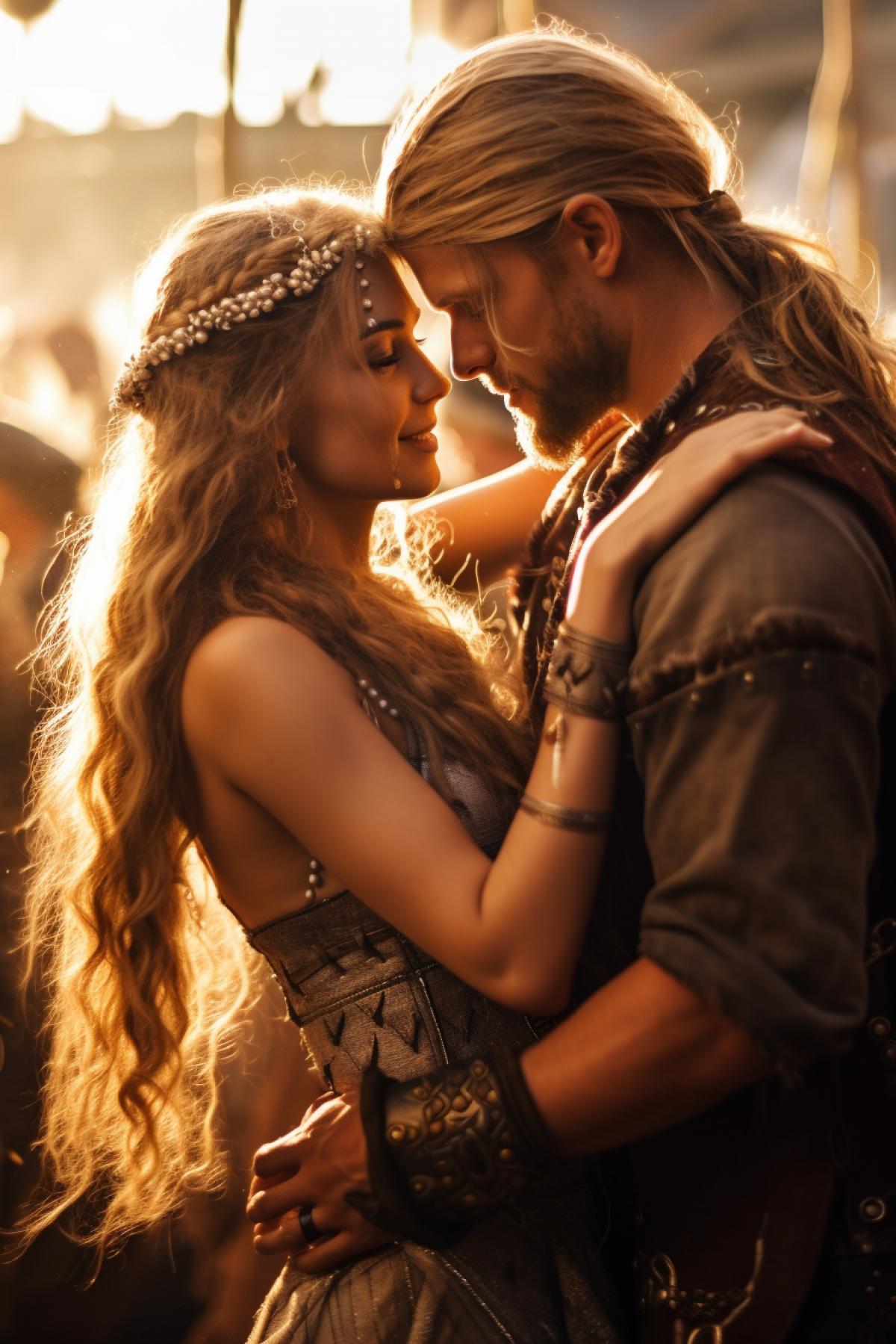 Dancing couple Beautiful young medieval Viking lady and handsome viking guy full height wearing summer leather wearing traditional Viking helmets looking straight frowningly evening sun rays light their faces many details sharp focus breathtaking beauty tenderness desire and suspense