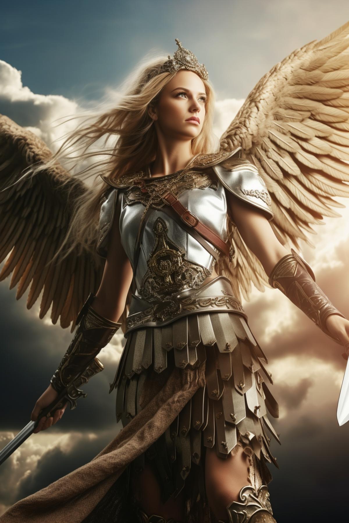 Scandinavian warrior maiden Valkyrie with wings, with a sword and shield, in a helmet and bronze armor, in the sky, among the clouds, above a military battlefield, restrained colors, dramatic lighting