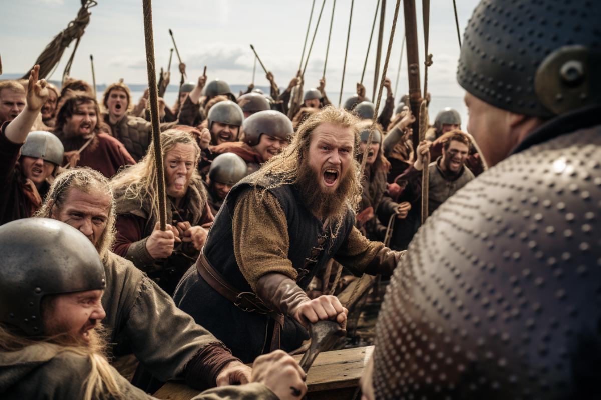 two Vikings fight with battle axes, surrounded by a crowd of Viking spectators, with a longship warship in the background