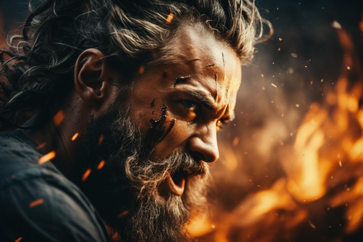 two Vikings fight with battle axes, against the backdrop of a longship warship