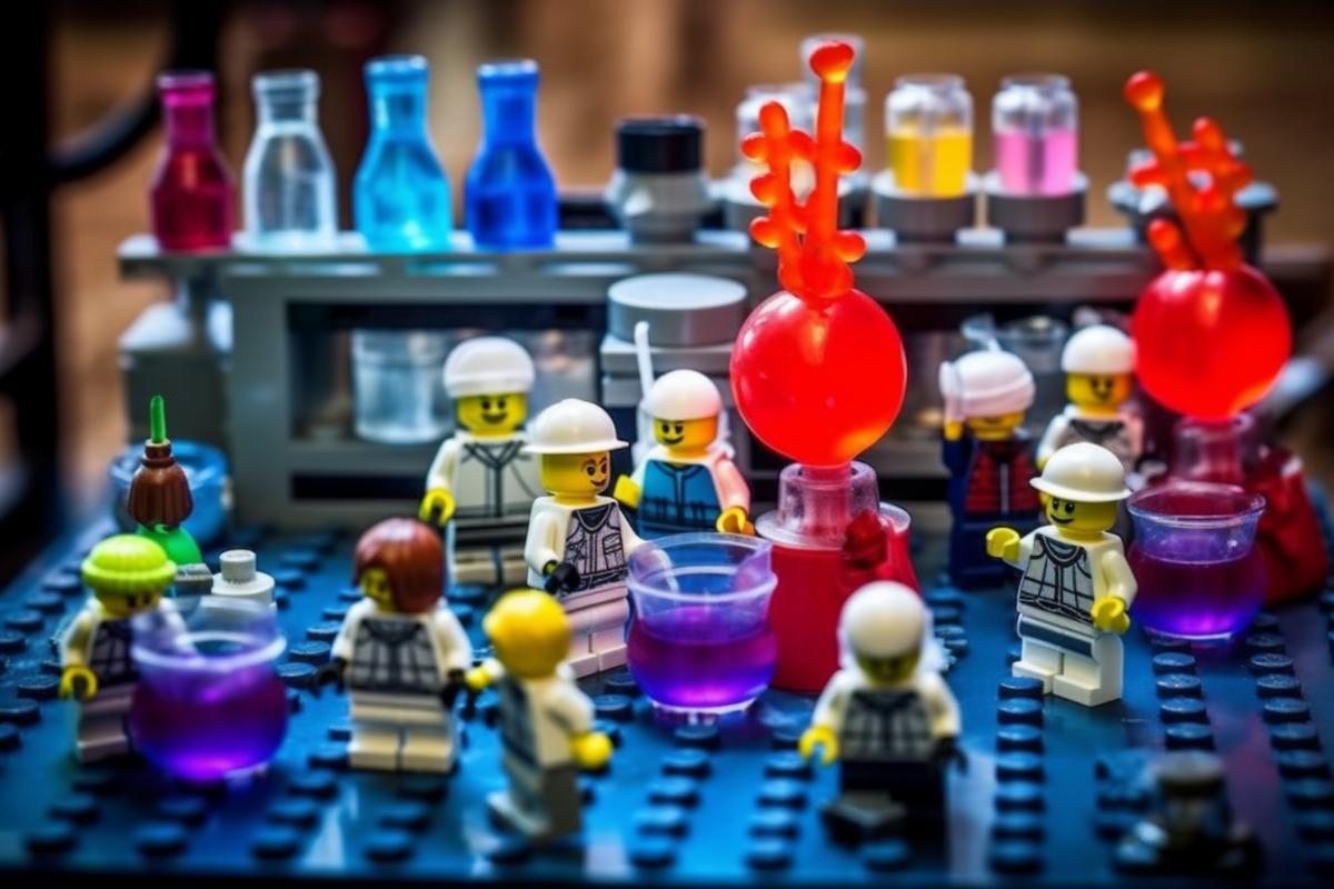 👨🏻‍🔬 Chemists doing chemicals with flasks in a lego-style laboratory
