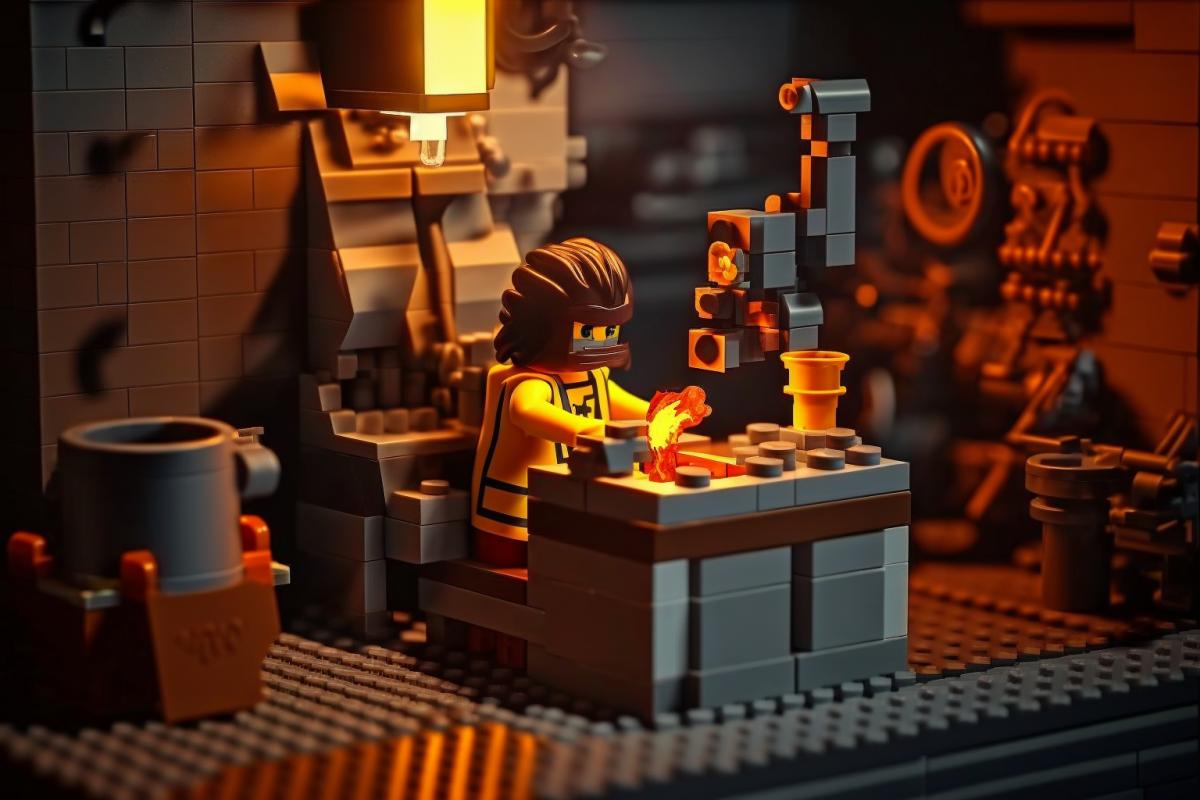 Metallurgical plant, in the workshop, mysterious light, molten metal, in Lego style