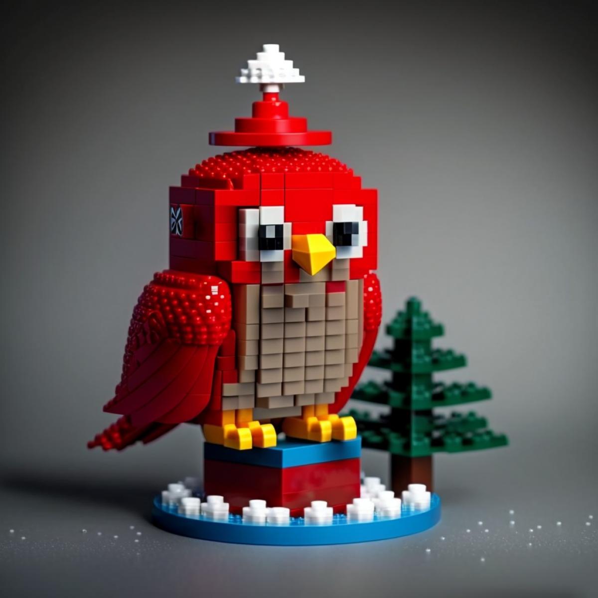 lego style of an owl in red cap decorated with snowflakes nearby Christmas tree, LEGO