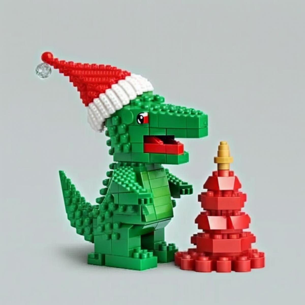 lego style of a cute little green smiling dragon, new year symbol, in red cap decorated with snowflakes, nearby Christmas tree