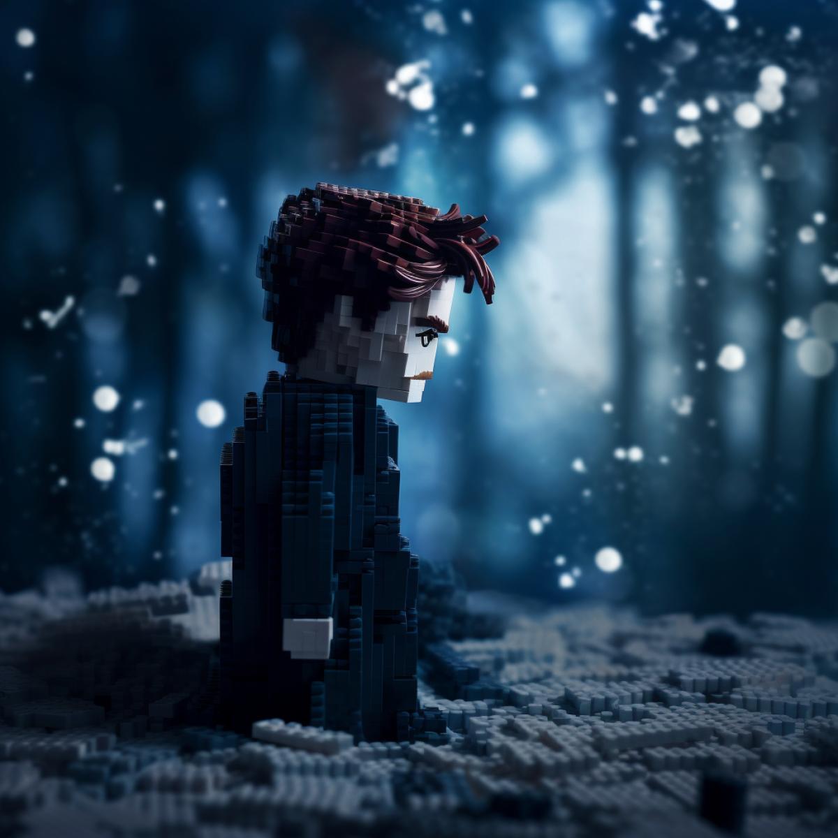 Мир Lego, the character Edward Cullen from the movie Twilight, glitters, sparkles, forest, cloudy weather, photography