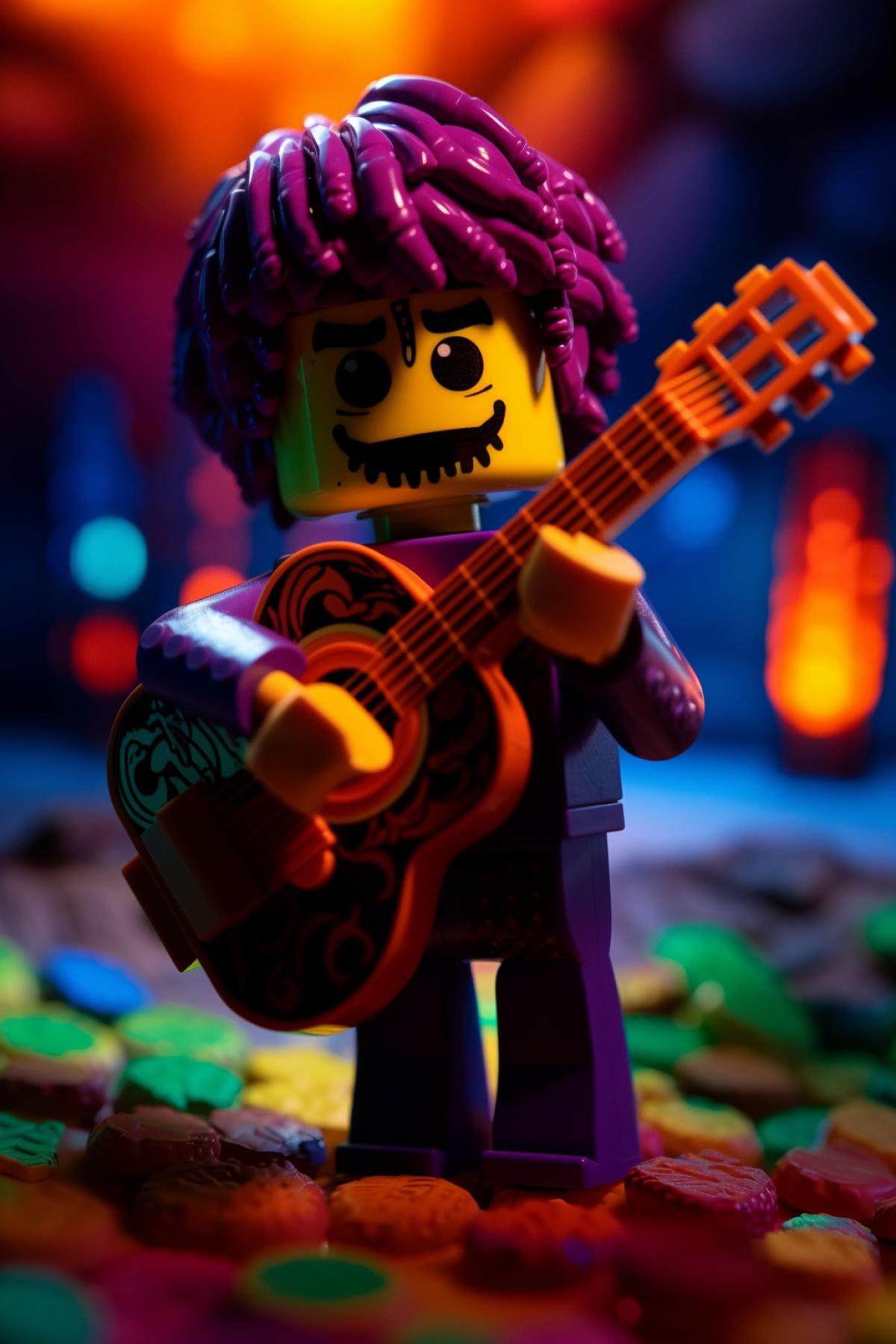 Мир Lego, the character Miguel from the cartoon The Secret of Coco, guitar, bright and saturated colors, photography