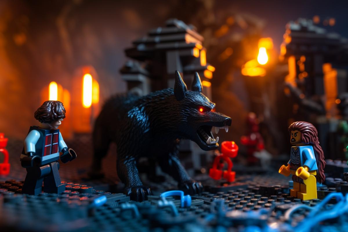 Lego world, vampire, werewolf, confrontation, in the style of the movie Underworld, bright and rich colors, photography
