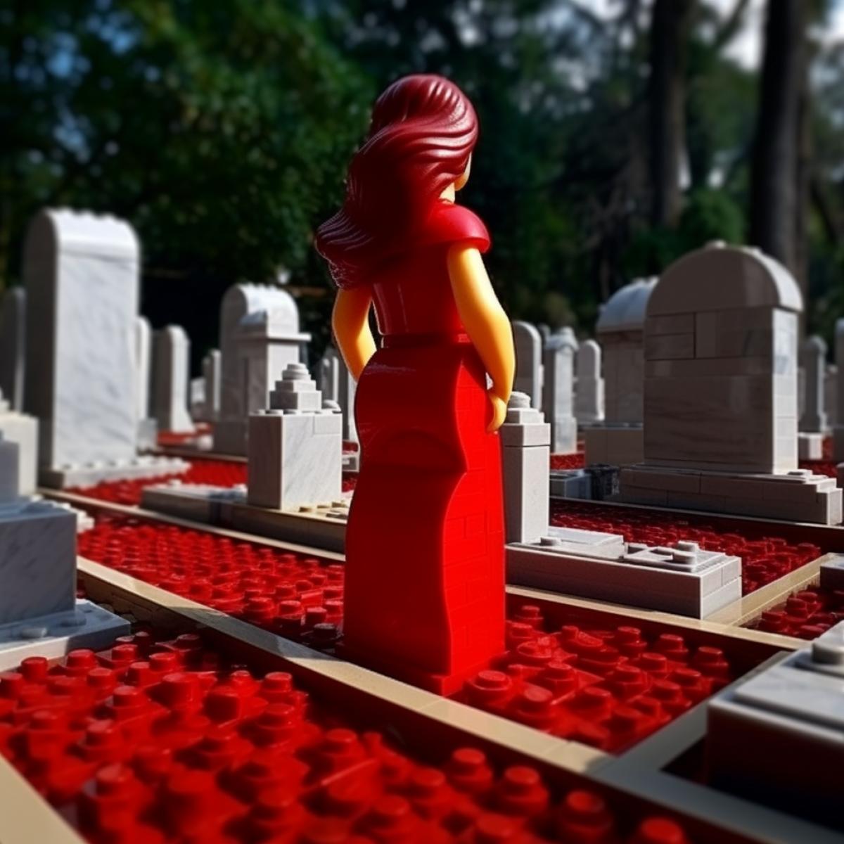 Lego world, Elisse in a cemetery in a red dress, Resident Evil style, bright and rich colors, photograph