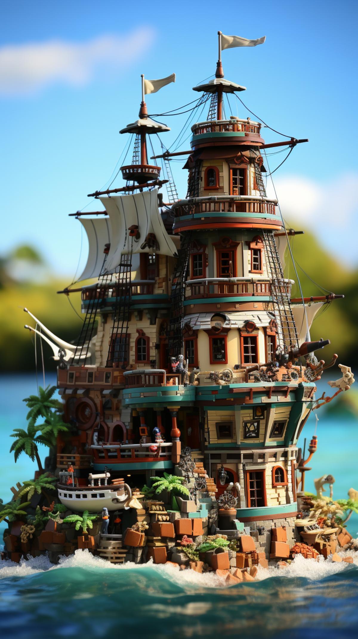 large Lego set, pirates and pirate ships, palm trees and treasure detaileds, all assembled from Lego pieces, large photo, highly detailed, 16K