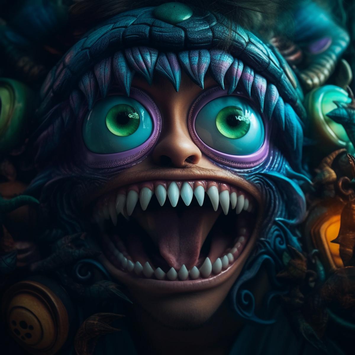 Disney style, abyss, at the bottom of a coolie with open mouth and eyes, photography