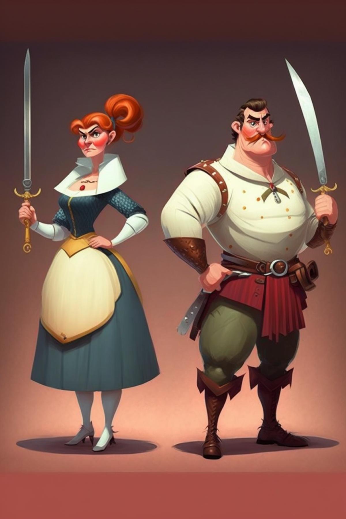 humanized figures 2 and 5 in with rapiers in Disney Pixar style