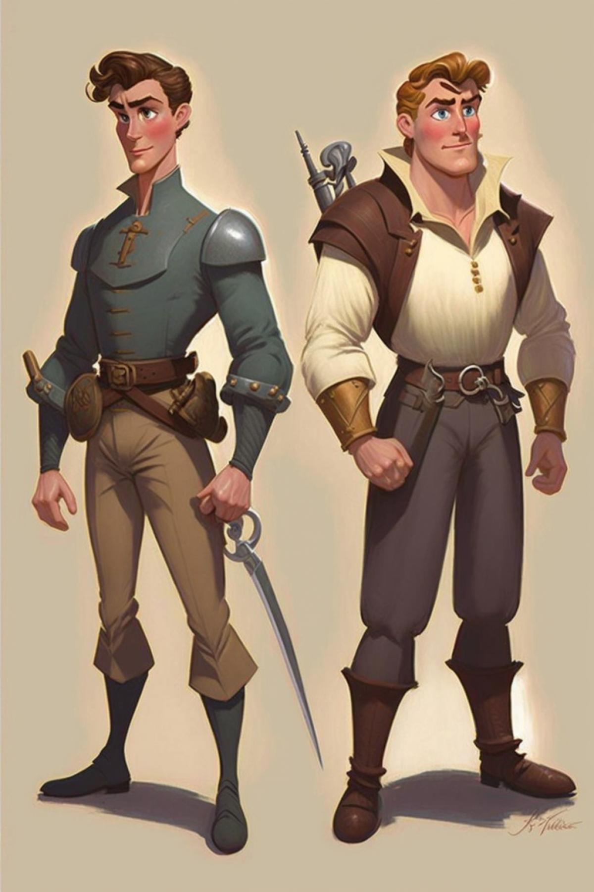 humanized figures 2 and 5 in with rapiers in Disney Pixar style