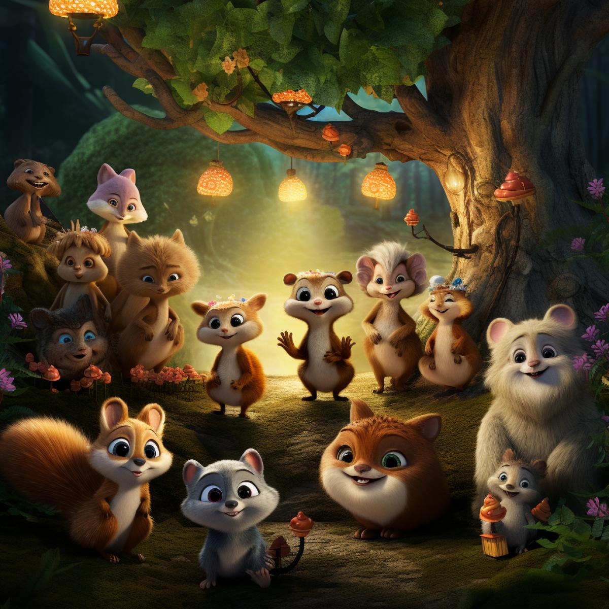 A charming scene set in a Whimsical Woodland, where anthropomorphic animals and talking trees populate an enchanted forest. The characters, designed in the classic Disney style, engage in cheerful activities, creating a sense of wonder and innocence.