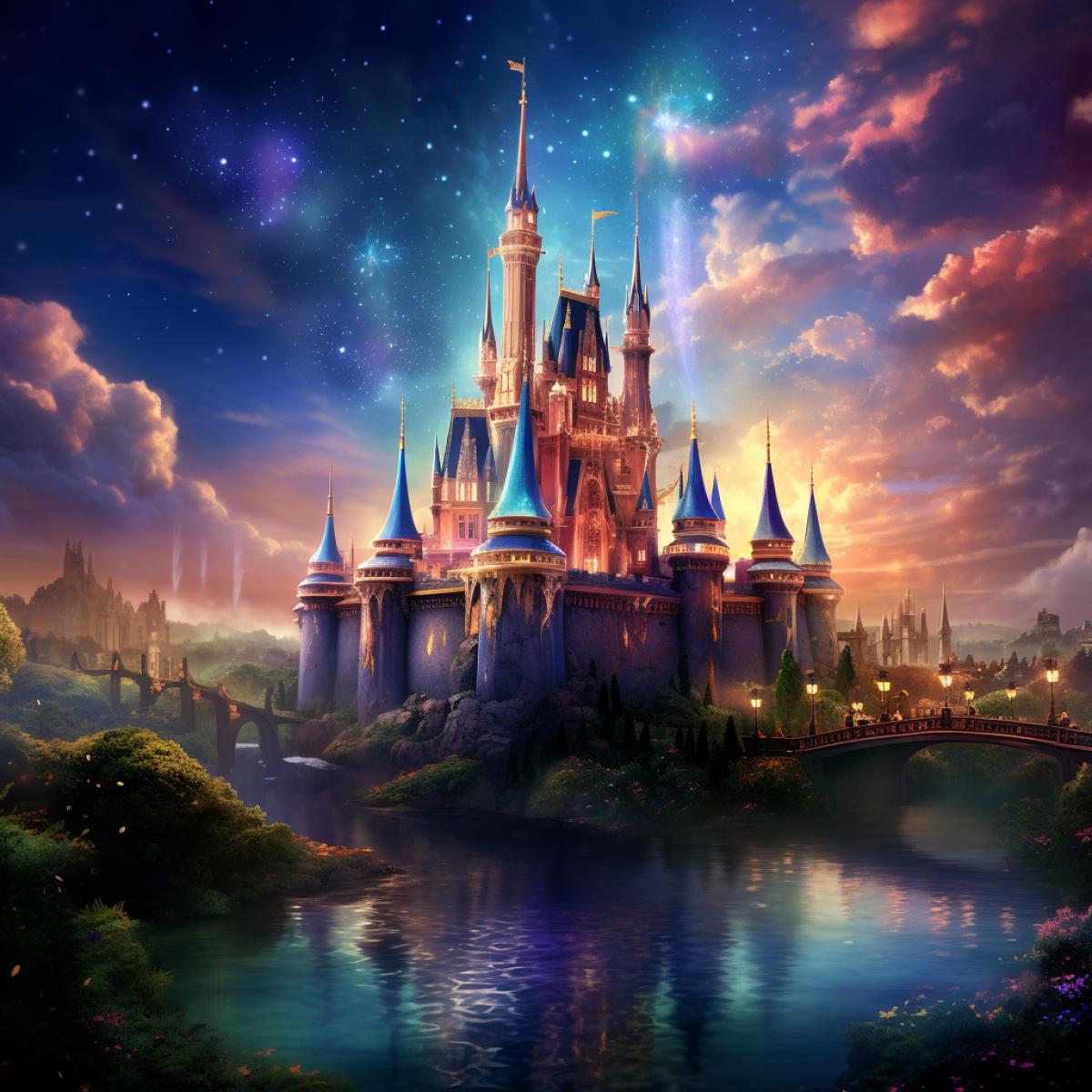 An epic Fairytale Kingdom featuring royal characters in regal attire, set against a backdrop of towering castles and shimmering lakes. The Disney-inspired scene captures the magic of classic fairy tales, where dreams come true and happily-ever-afters await.