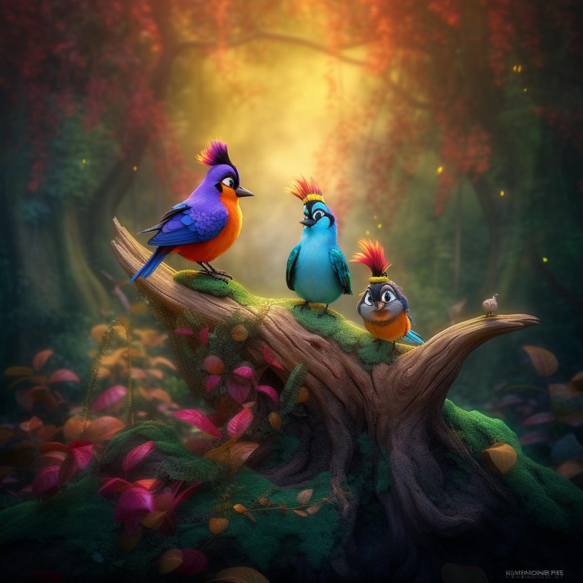 Disney style, birds on a branch, Atomic forest, fairy forest, caricature, Walt Disney styles, bright and rich colors, photography