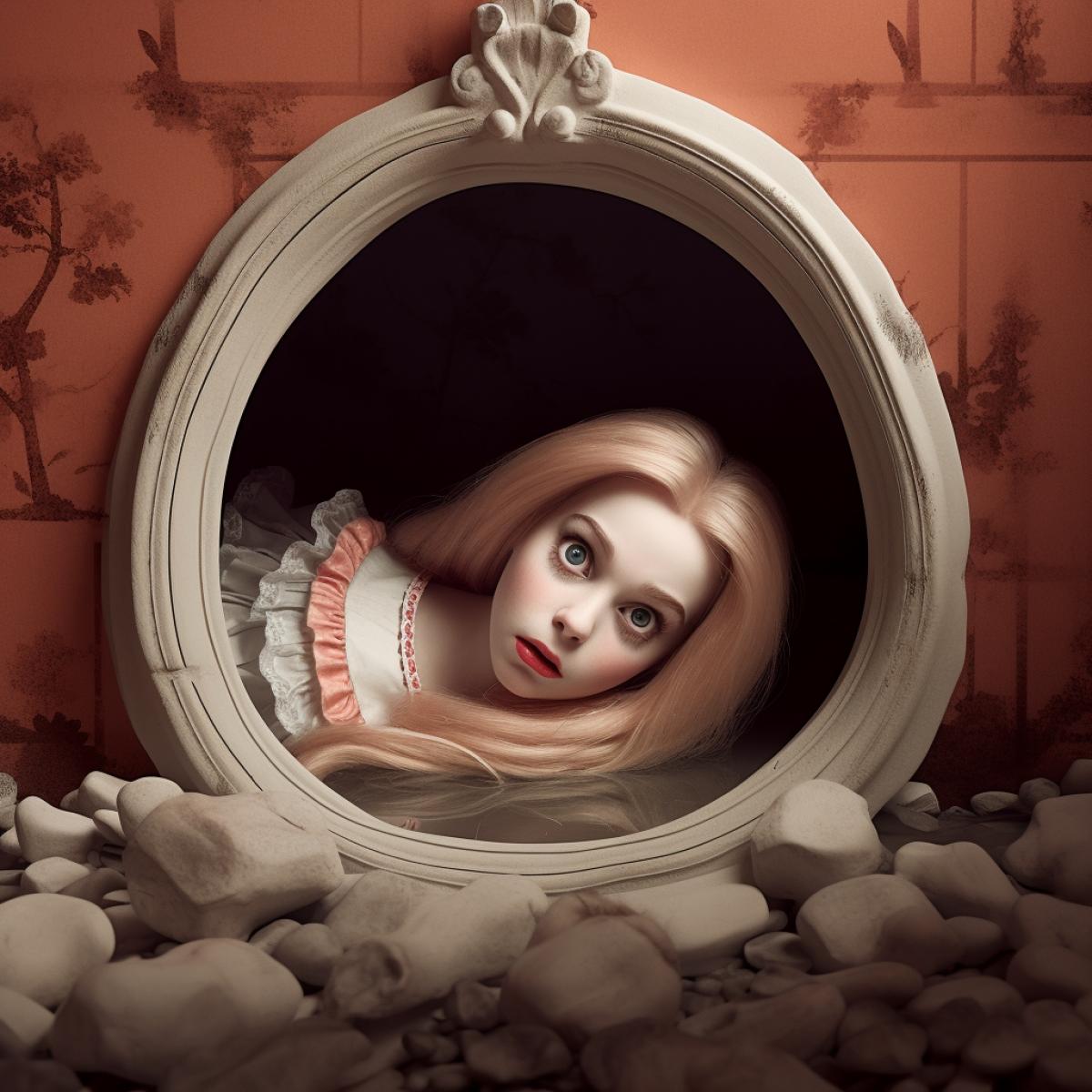 Disney style, deep hole, dead doll at the bottom, photograph