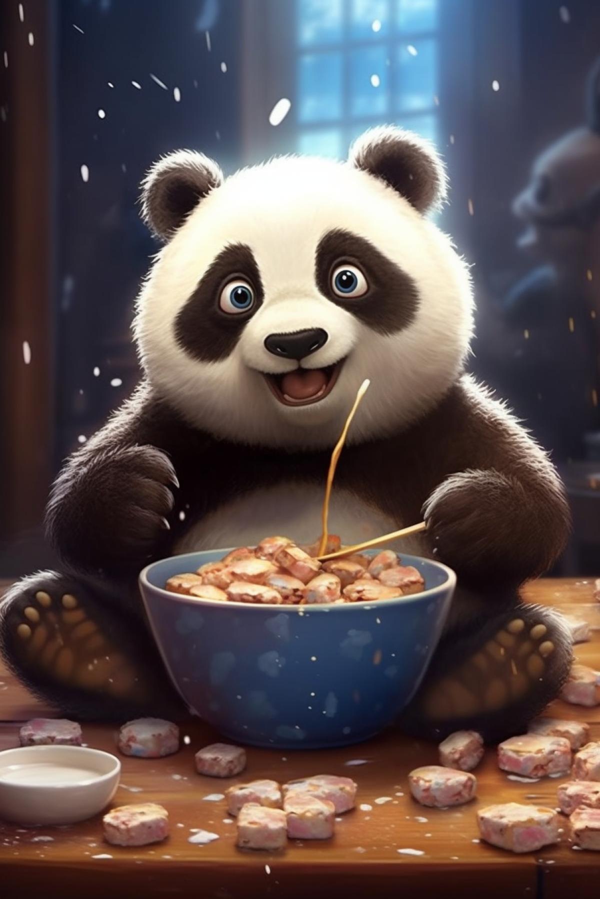 Little panda eats caramel cartoon style