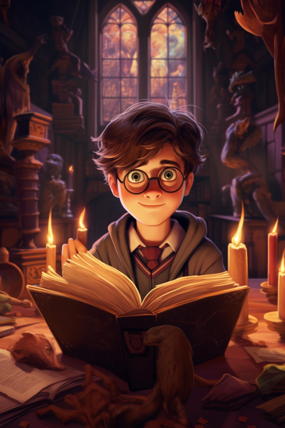 Harry Potter reading a book in cartoon style