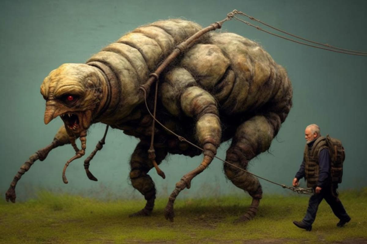 A man walks a huge bee on a leash, nature, cute photo