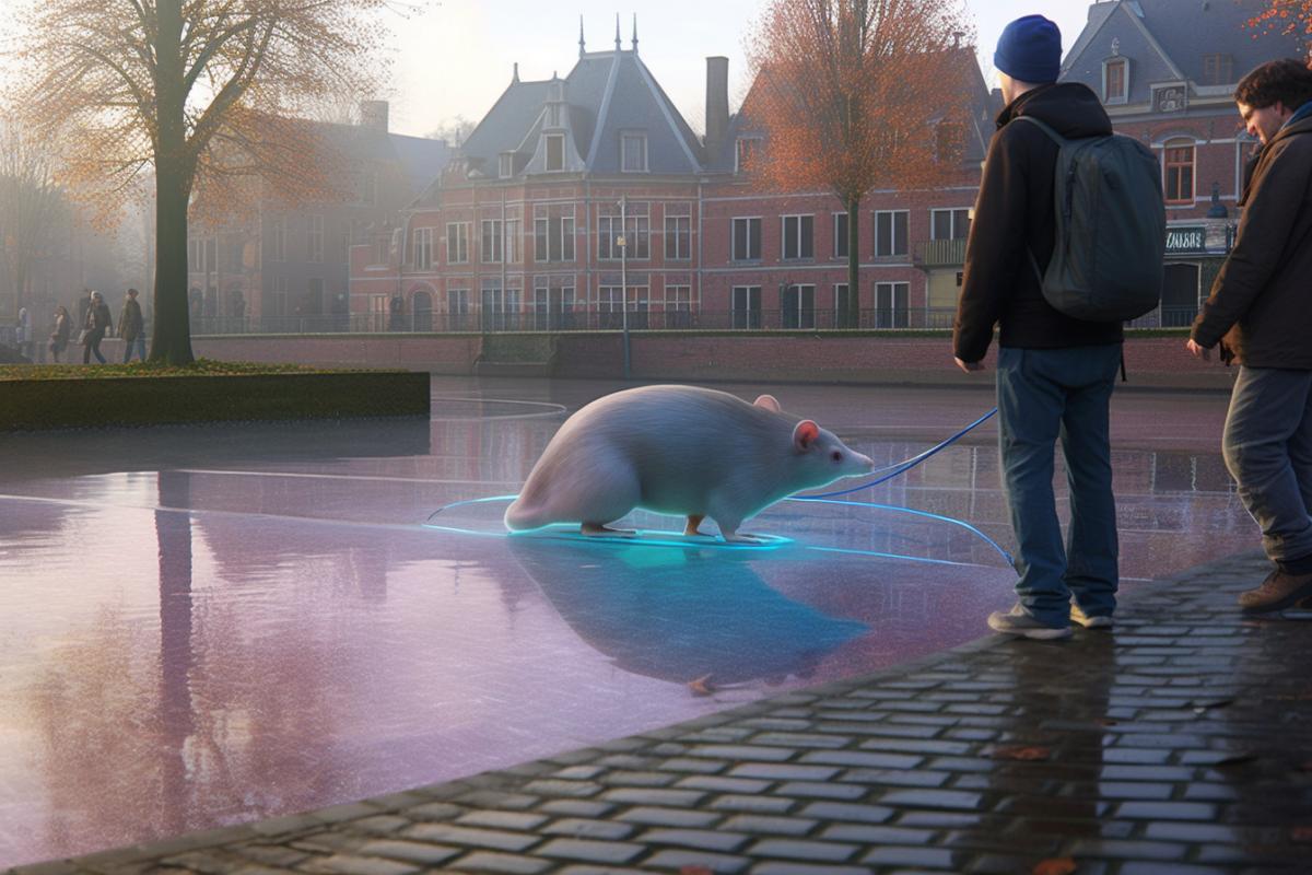 Guys walking a holographic rat in the city, photo