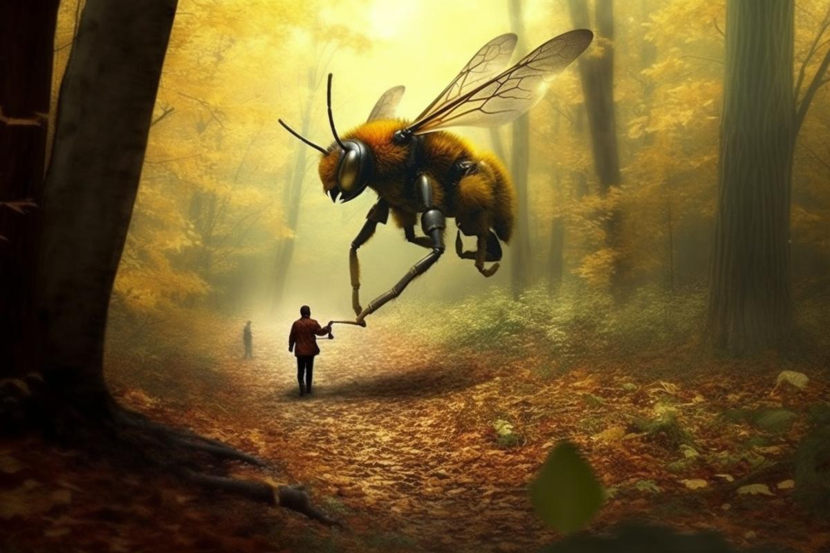 A man walks a huge bee on a leash, nature, cute photo