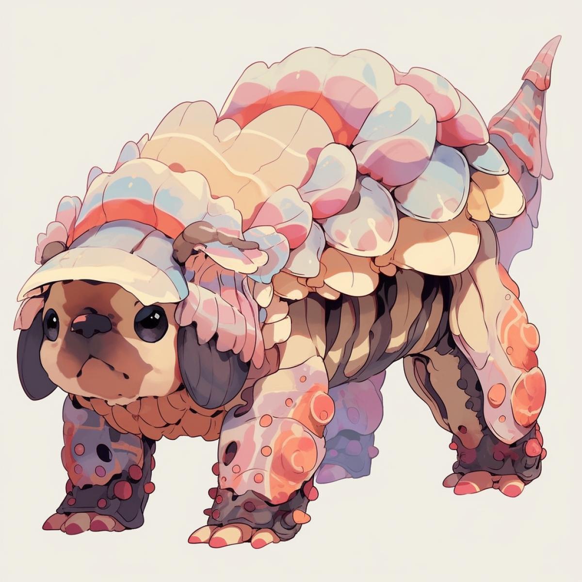 an unusual fantastic pet with eight articulate legs, spherical body and dogs head, very cute, tiny, of rainbow colours, Hayao Miyazaki anime style