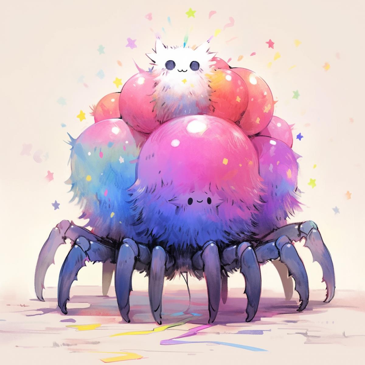 an unusual fantastic pet with eight articulate legs, spherical body and dogs head, very cute, tiny, of rainbow colours, Hayao Miyazaki anime style