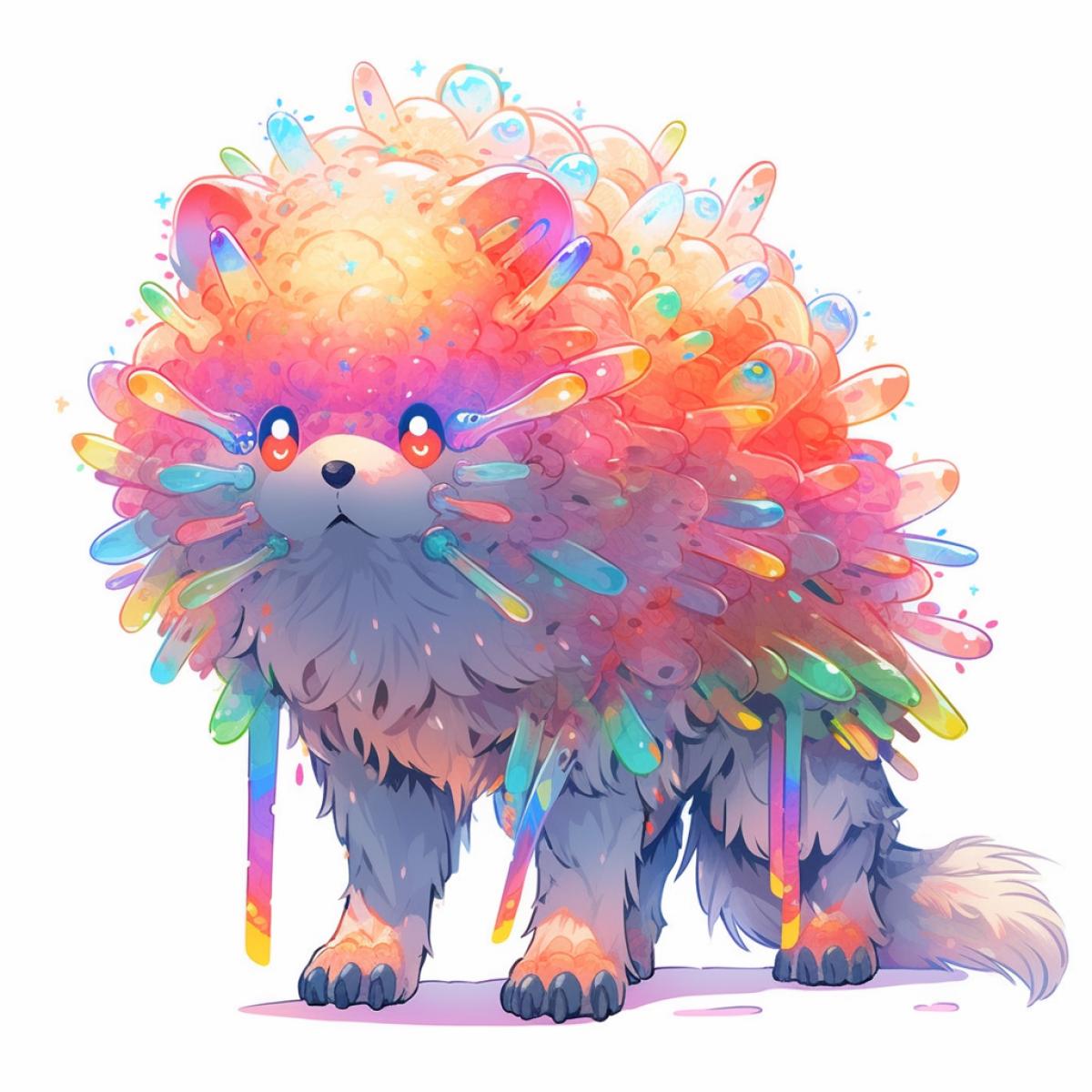 an unusual fantastic pet with eight articulate legs, spherical body and dogs head, very cute, tiny, of rainbow colours, Hayao Miyazaki anime style