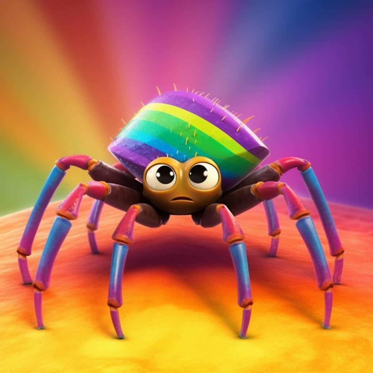 an unusual fantastic pet with eight articulate legs, spherical body and dogs head, very cute, tiny, of rainbow colours, 3D Pixar anime style