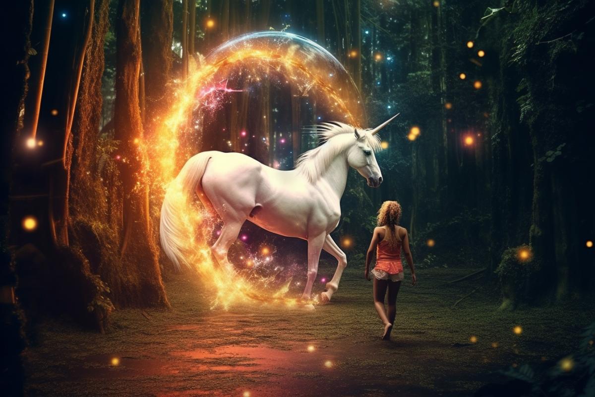 A sailor walks a rainbow unicorn in a magical forest ✨