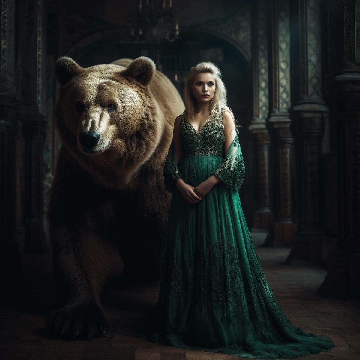 Blonde girl, big dark bear with green eyes, walk, fairy-tale world, Gothic style, bright and rich colors, photography