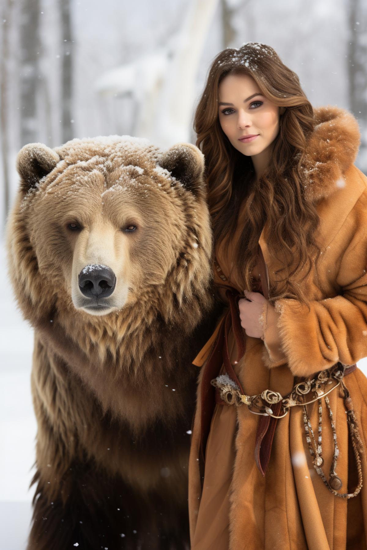 an elegant lady in a fur coat walks through a winter park with her tame bear, professional photo