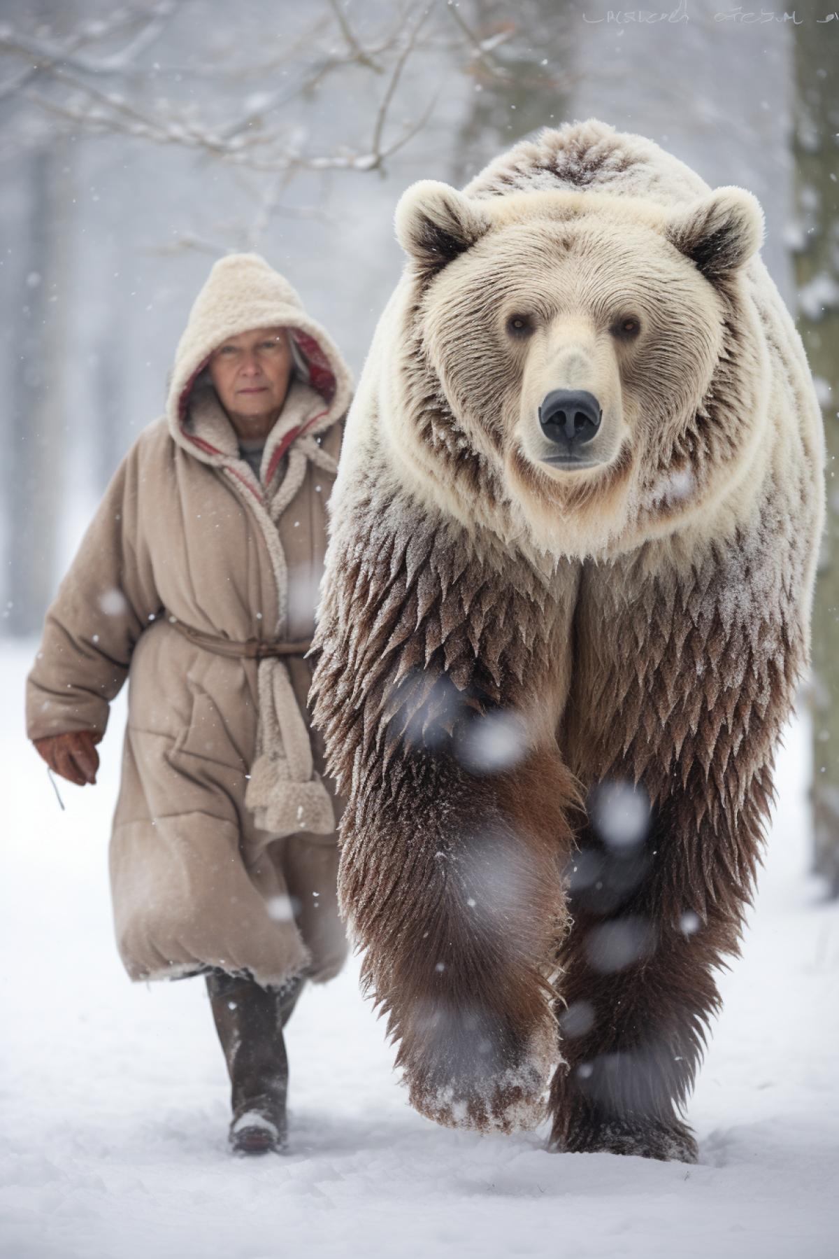 an elegant lady in a fur coat walks through a winter park with her tame bear, professional photo