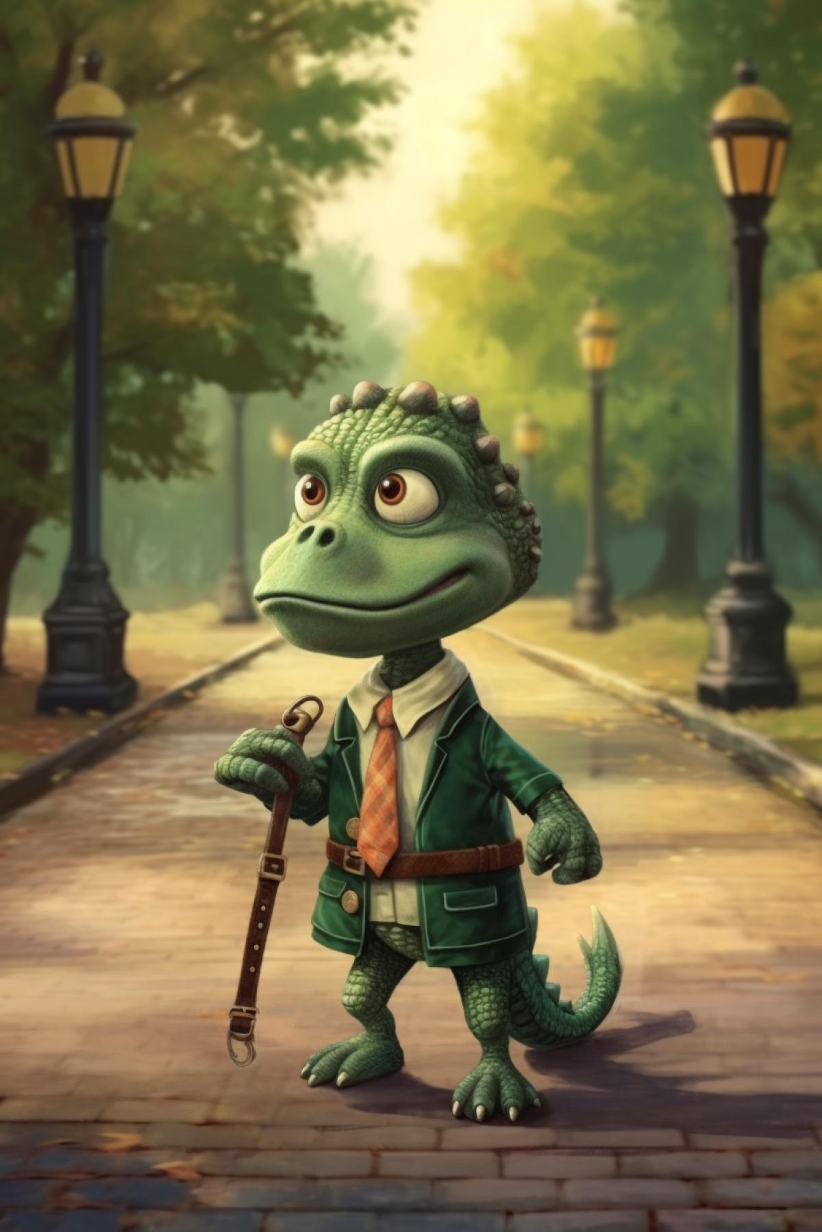 Crocodile Gena walks on a leash in Cheburashka park, Soviet cartoon