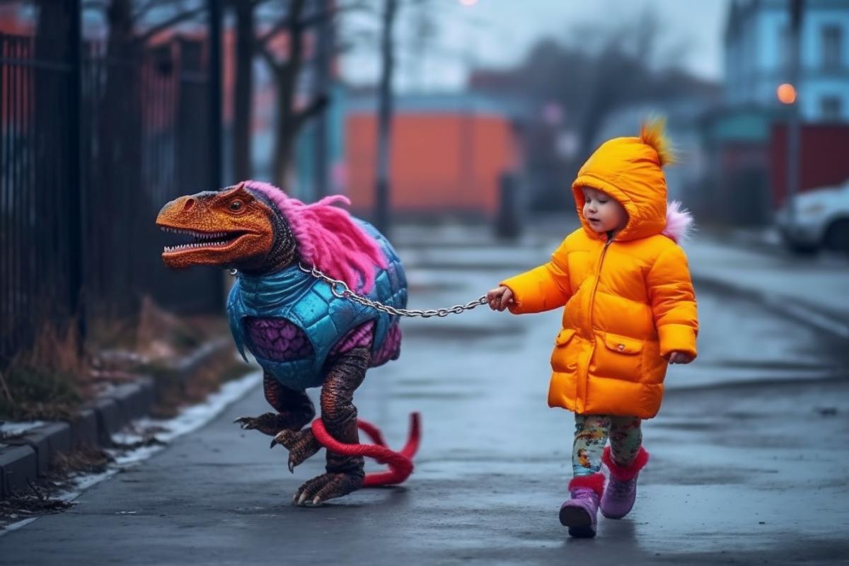 A very funny red-haired girl walks a tame cute magical dragon on a leash near the school