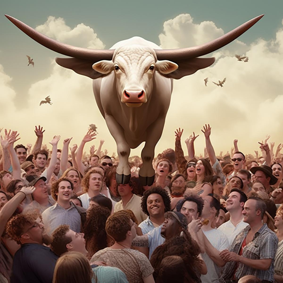 A winged cow flies over a crowd of surprised people