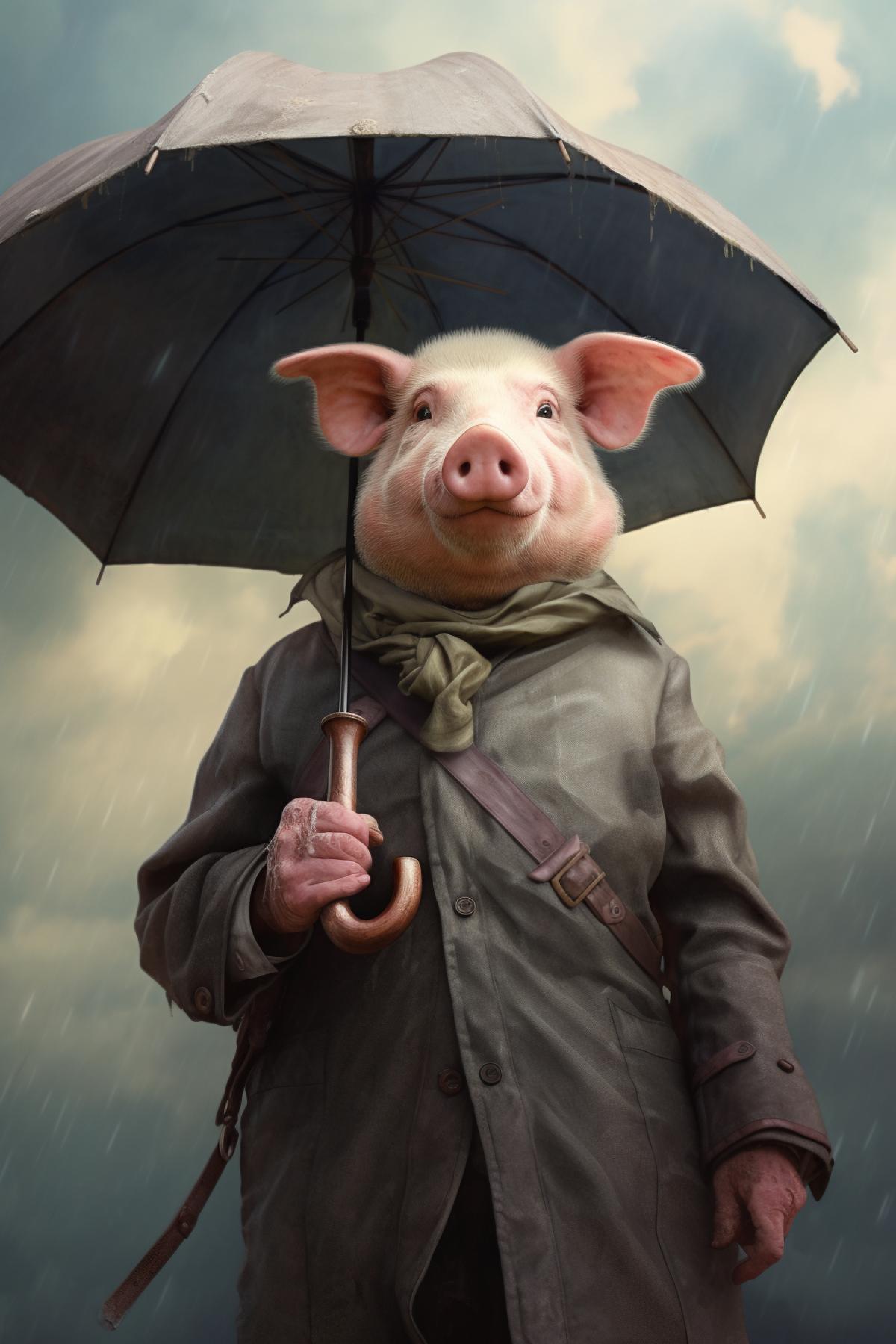 a humanoid pig holds an umbrella in his hands and looks hopefully into the sky.