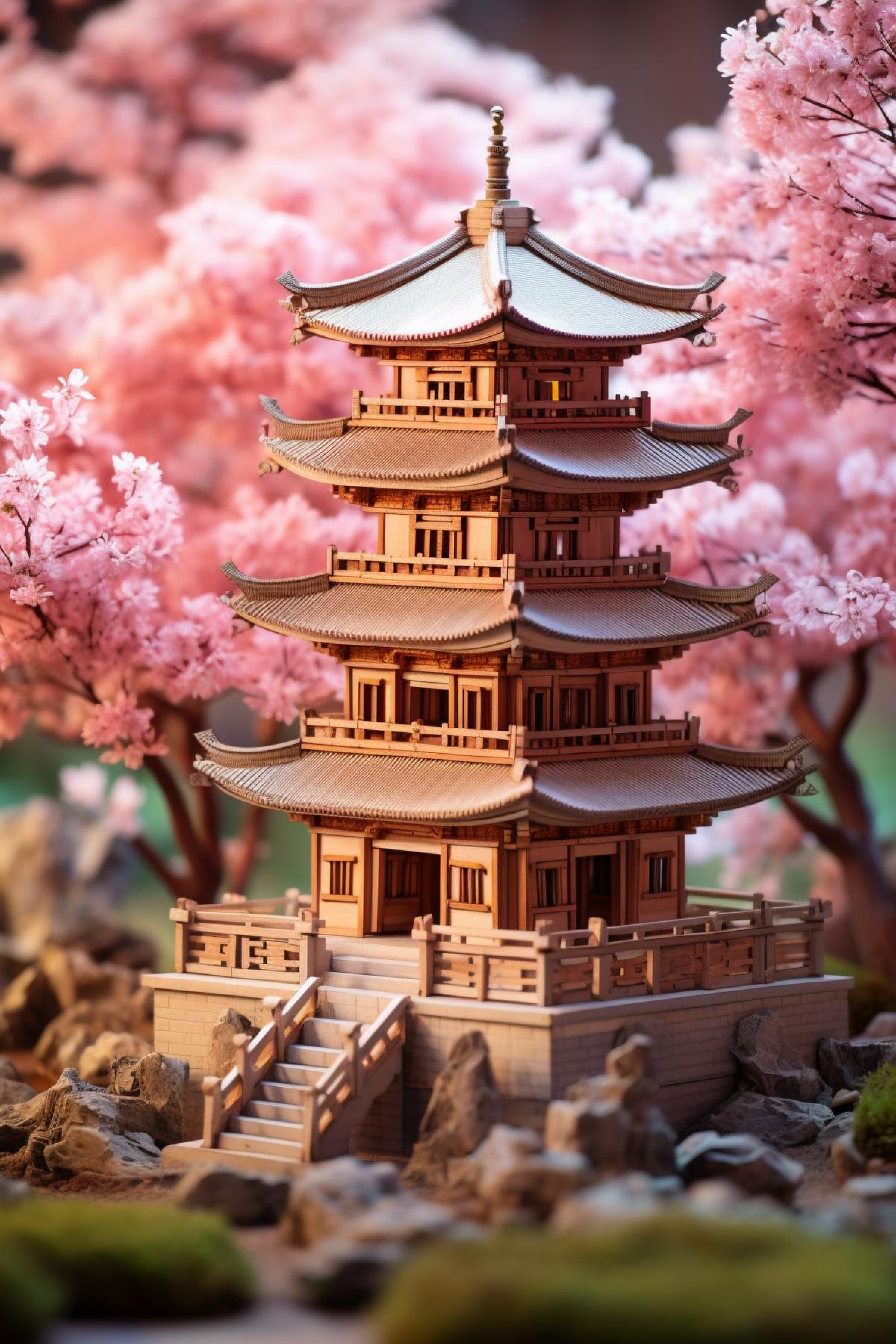 1️⃣ A serene Japanese Pagoda Haven nestled among cherry blossoms. The wooden structure, adorned with intricate carvings and delicate shoji screens, stands peacefully in a traditional Japanese garden. The scene captures the elegance and tranquility of Japanese architecture.