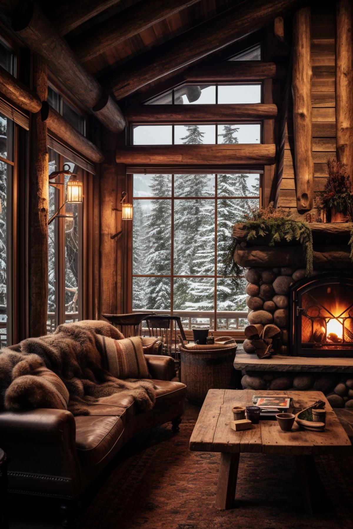 2️⃣ A rustic Nordic Log Cabin Retreat surrounded by snow-capped mountains and evergreen forests. The log cabin, with a welcoming fireplace and charming wooden details, exudes warmth and coziness. The scene evokes the timeless charm of Nordic wooden architecture.