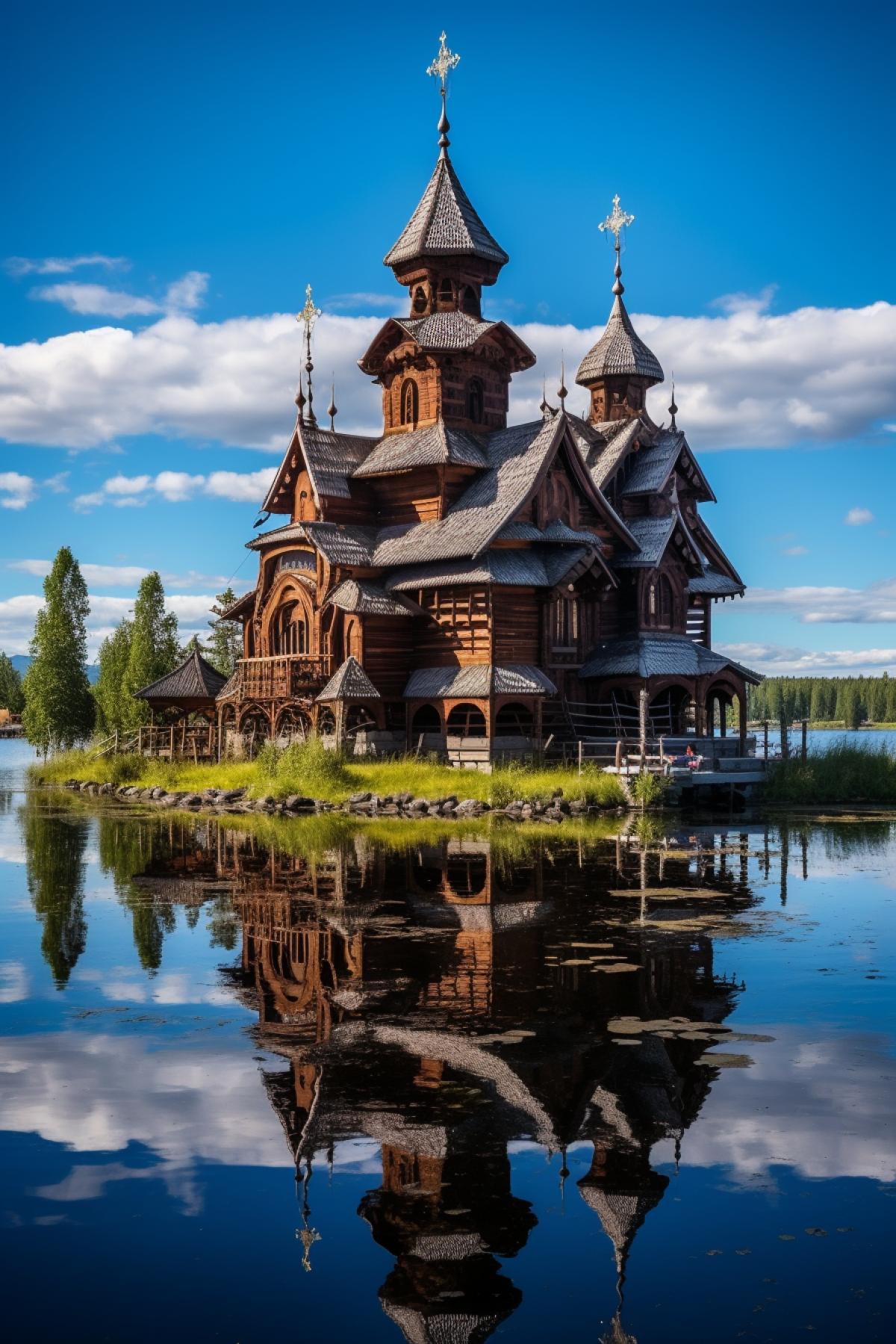 A Traditional Russian Wooden Church in Kizhi Style, reminiscent of the iconic structures on Kizhi Island. The wooden church, with its onion domes and detailed wooden carvings, stands proudly against the backdrop of a serene lake. The scene transports viewers to the rich architectural heritage of traditional Russian wooden churches.