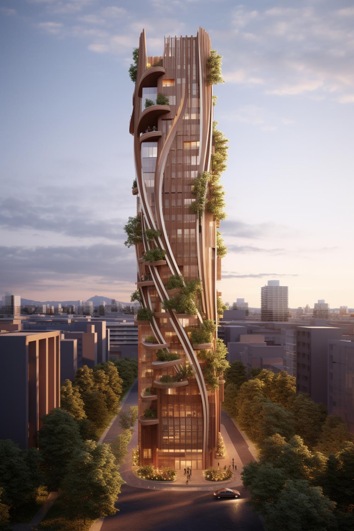 Aedge Eco-Friendly Wooden Skyscraper standing tall in a modern urban landscape. The entire skyscraper, constructed entirely from sustainably sourced wood, showcases the seamless integration of nature and urban living, with sleek wooden panels and innovative design.