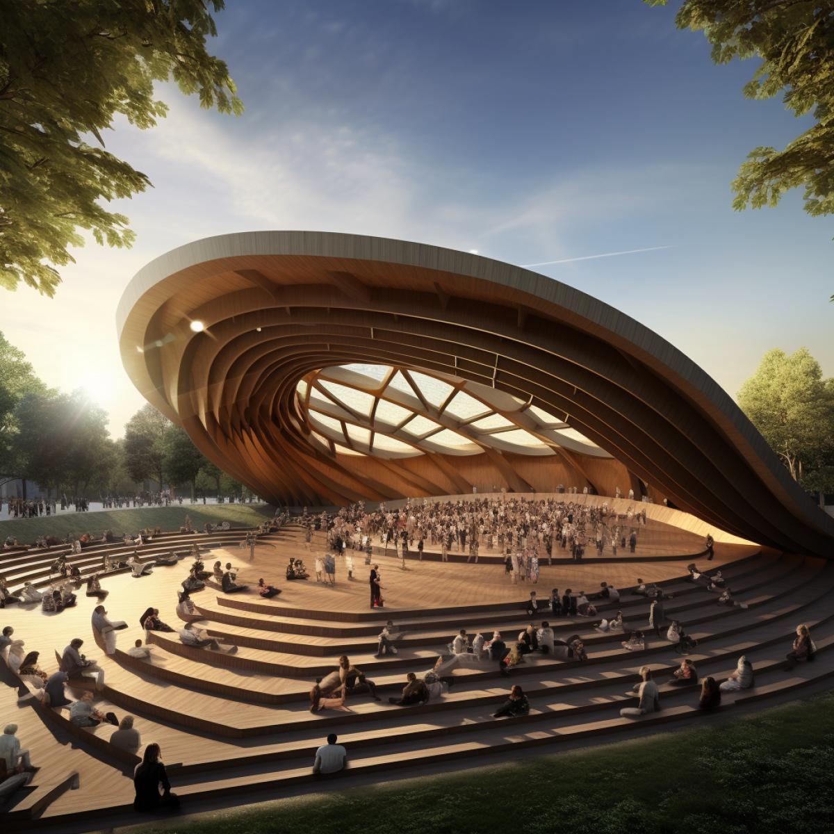 An innovative Wooden Amphitheater of the Future designed for open-air performances. The amphitheater, constructed entirely from state-of-the-art engineered wood, boasts acoustically optimized surfaces and sustainable design, providing a modern and environmentally friendly venue for cultural events.