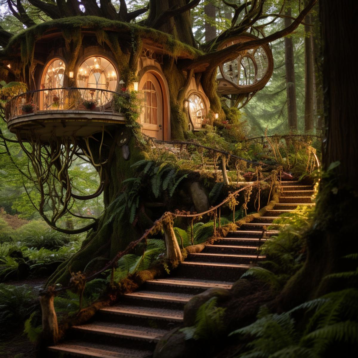 Enchanted forest hideaway: Deep within an ancient woodland, towering wooden arches form a natural cathedral, sunlight filtering through dense foliage. Moss-covered paths wind around colossal tree trunks, luxury hidden wooden sanctuaries. A magical glow emanates from lantern-lit wooden bridges, inviting exploration.