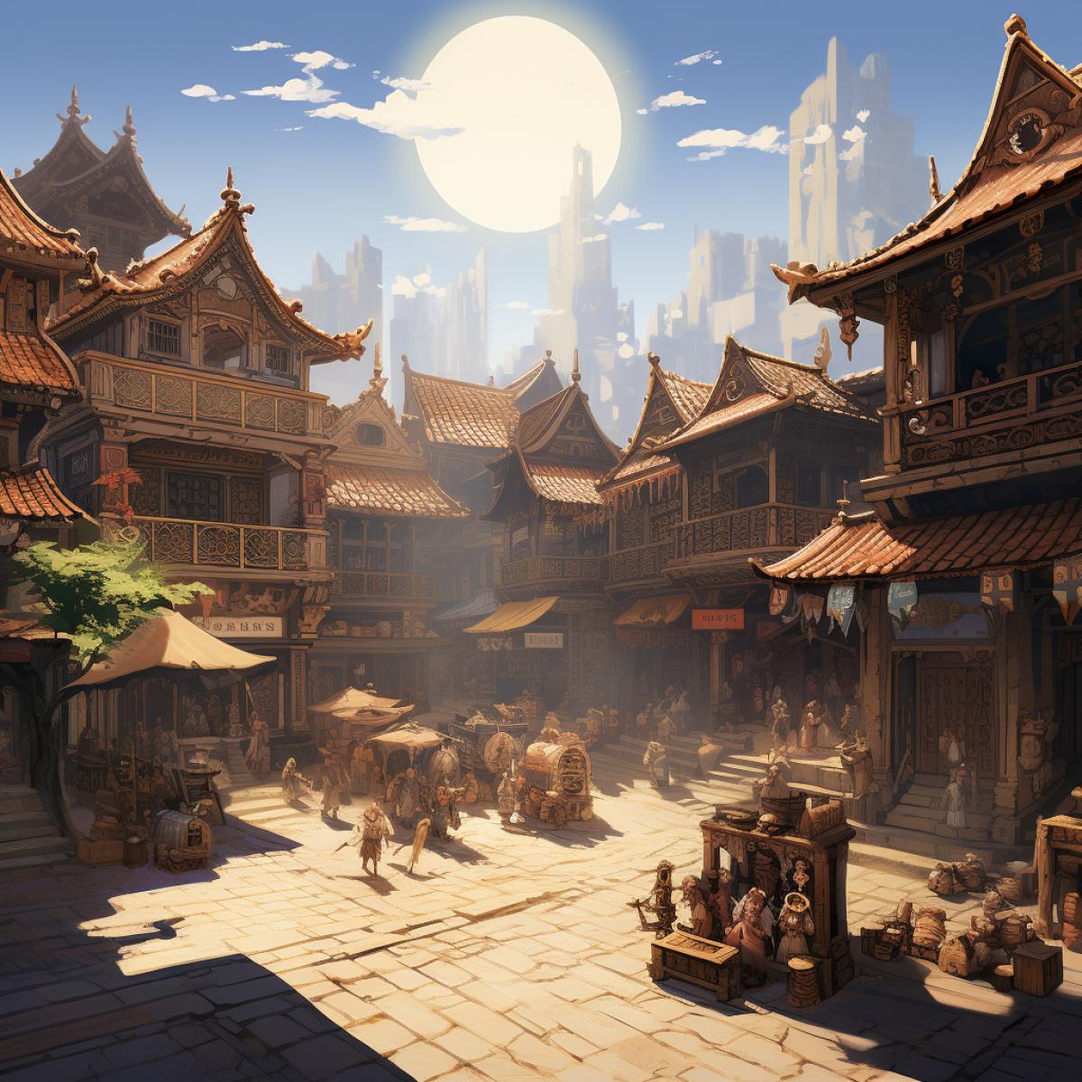 Sun-drenched village square: A ling marketplace surrounded by intricate wooden stalls, adorned with vibrant canopies. Warm, earthy tones dominate, casting long shadows as lively villagers engage in daily life. The aged wooden structures boast ornate carvings, embracing a rustic charm.