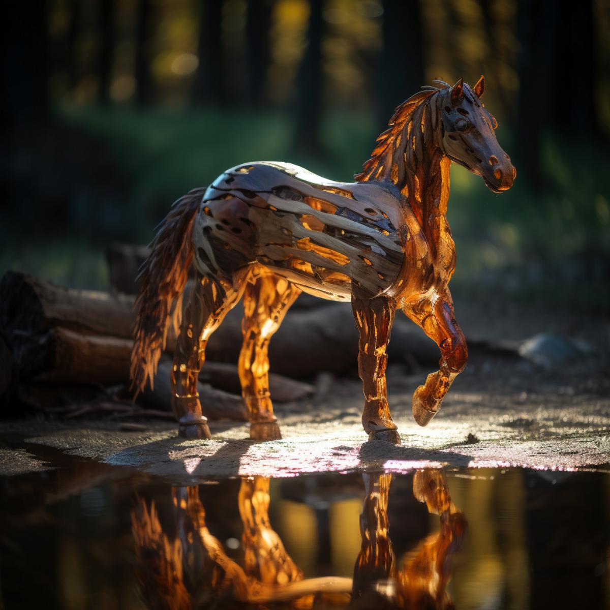 Wooden horse stands on its hind legs, backlight, another dimension, bright and rich colors, photography