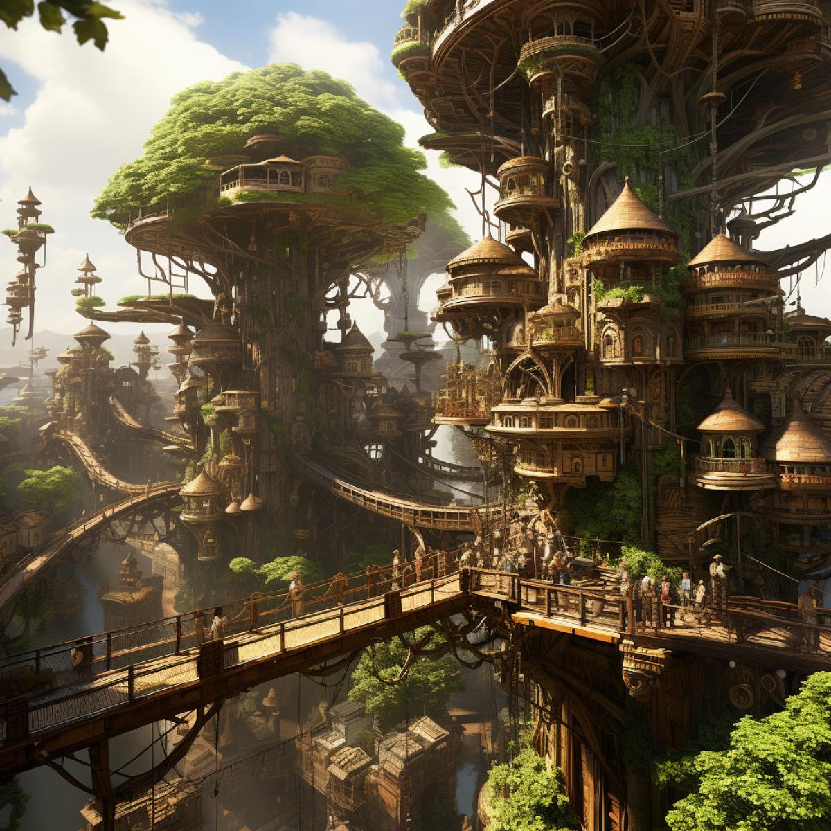 Steampunk treetop city: Elevated wooden platforms connect towering treehouses, blending organic forms with intricate metal gears. A palette of brand rich browns defines the scene, while airships navigate wooden skyways. Soft ambient light emanates from Edison bulbs, creating a harmonious balance of nature and industry.