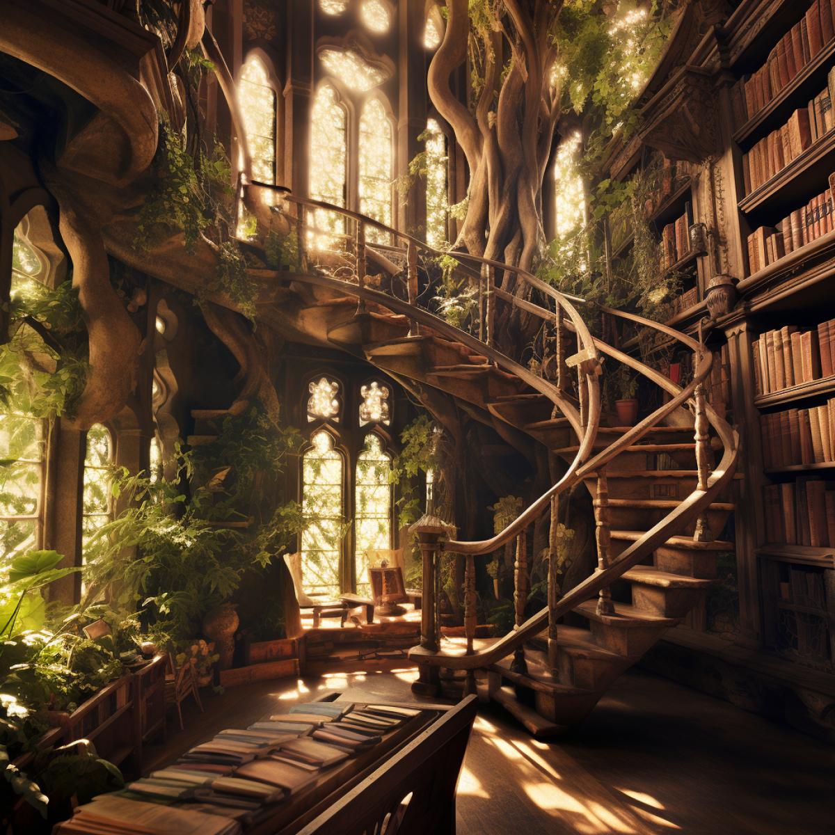 Ancient treetop library: Amidst a lush canopy, an expansive wooden library stands, its shelves filled with timeless knowledge. Soft, filtered sunlight bathes antique tomes and wooden reading nooks. A scholarly atmosphere prevails as intricate wooden ladders navigate the towering shelves, surrounded by the wisdom of the ages.