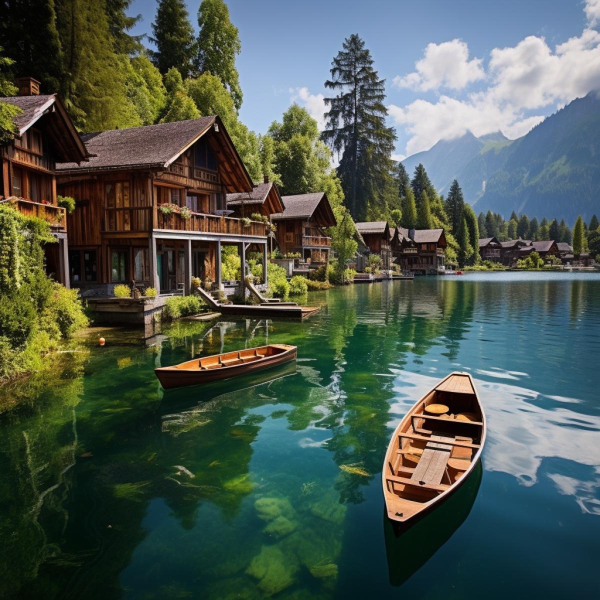 Alpine lakeside village: Nestled by a serene alpine lake, wooden cottages with flower-boxed windows reflect in crystal-clear waters. Dense forests embrace the settlement, their wooden jetties inviting reflection and fishing. The scene radiates tranquility, echoing with the gentle creaking of wooden boats swaying in the breeze.