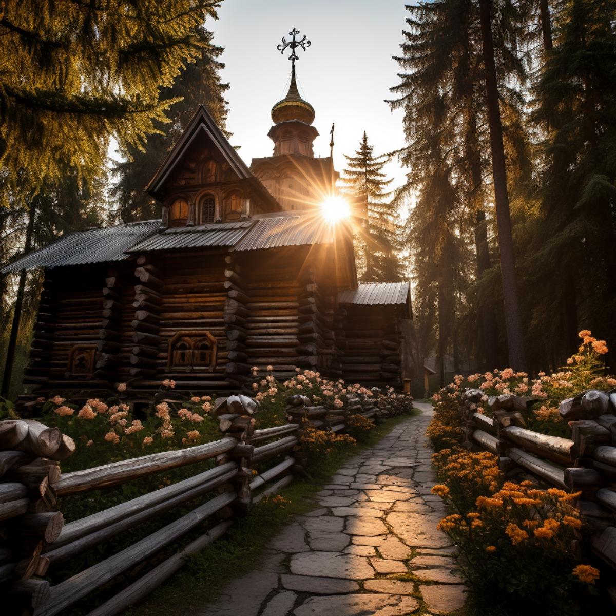 Wooden Orthodox Church: An ancient wooden church surrounded by tall pine trees, icons on wooden walls and golden domes sparkling under the bright sun. Paths made of wooden planks lead to the entrance, and flowers bloom all around. The rays of the sunset paint the wooden walls in warm orange shades, creating an atmosphere of holiness and peace.