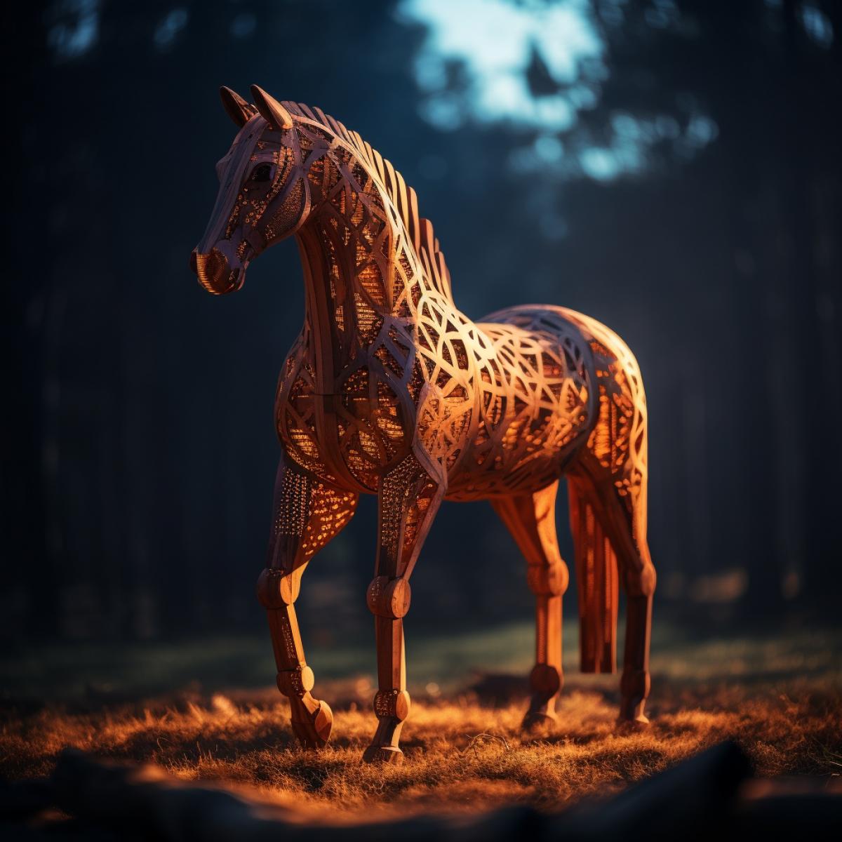 Wooden horse stands on its hind legs, backlight, another dimension, bright and rich colors, photography